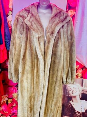 Vintage Tissavel 100% Acrylic Long Faux Fur Coat in Light Brown with Belt